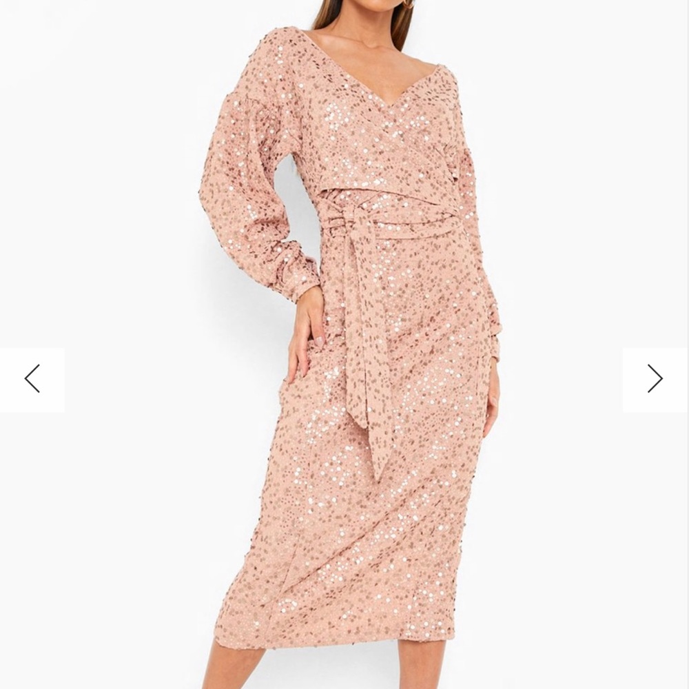 SEQUIN OFF THE SHOULDER MIDI DRESS
